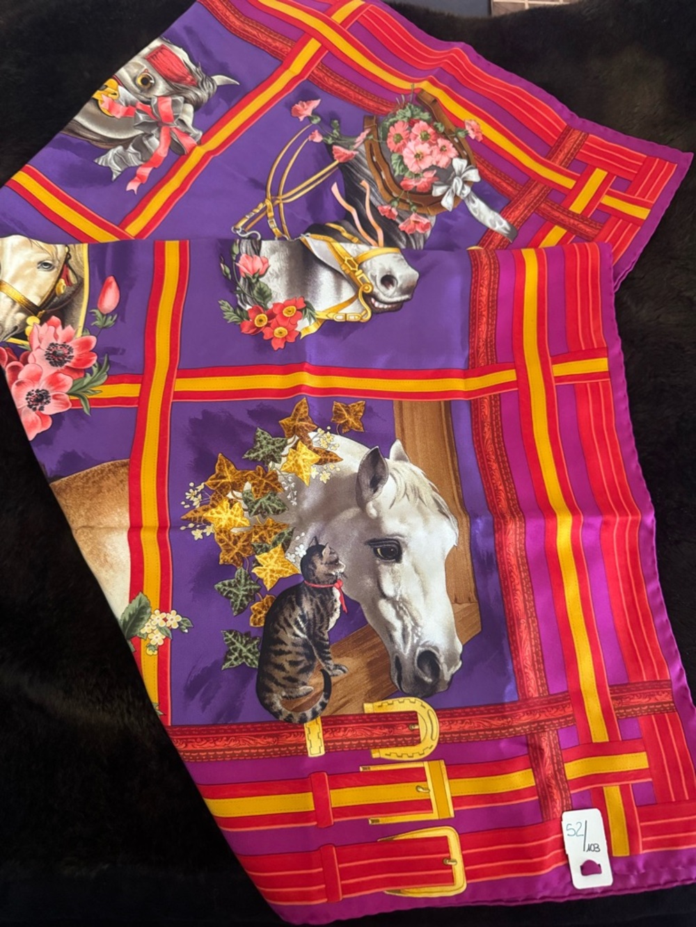 Gucci Multicolor Silk Scarf in Purple, Red & Yellow with Horses - Picture 4 of 6